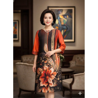Đầm trung niên giấu bụng - Đầm lụa trung niên tặng Mẹ - Đầm hoa cúc vàng tay phồng
