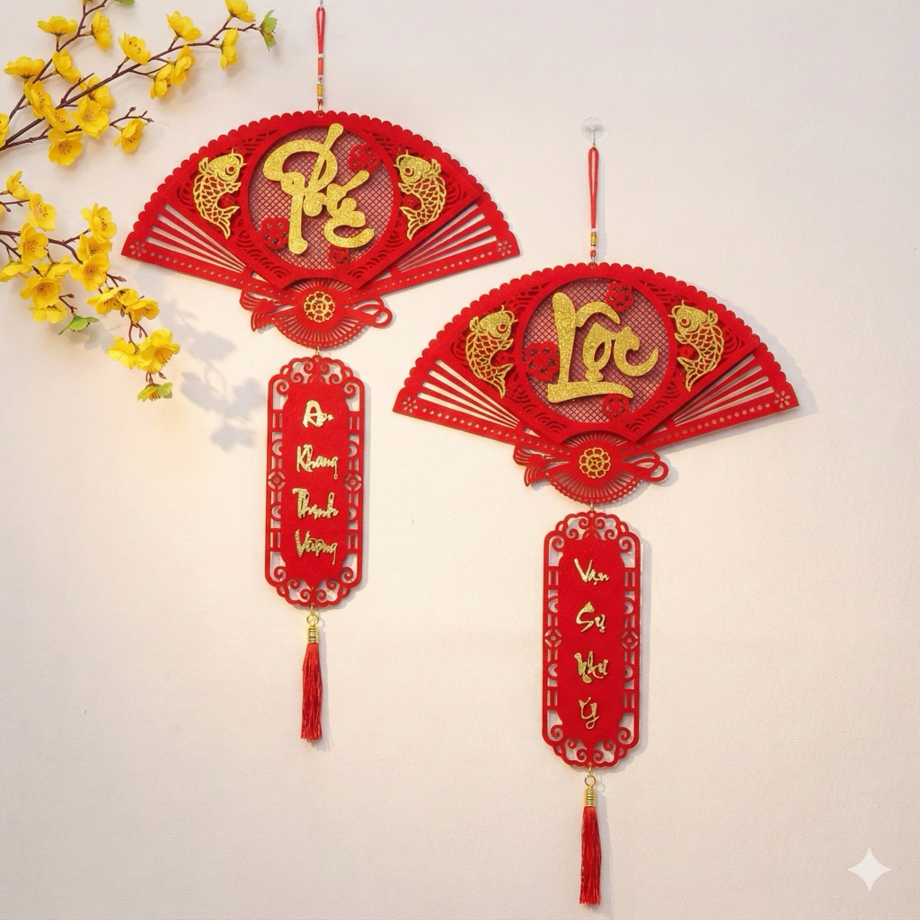 Dây treo nhung đỏ TL09 1 cánh quạt lớn trang trí tết