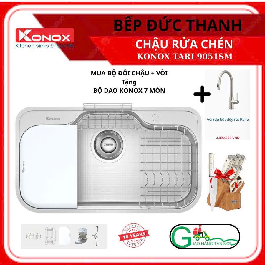 Chậu Rửa KONOX TARI 9051SM, Tặng Bộ Dao KONOX Khi Mua Vòi, Đầy Đủ Phụ Kiện Kèm Theo
