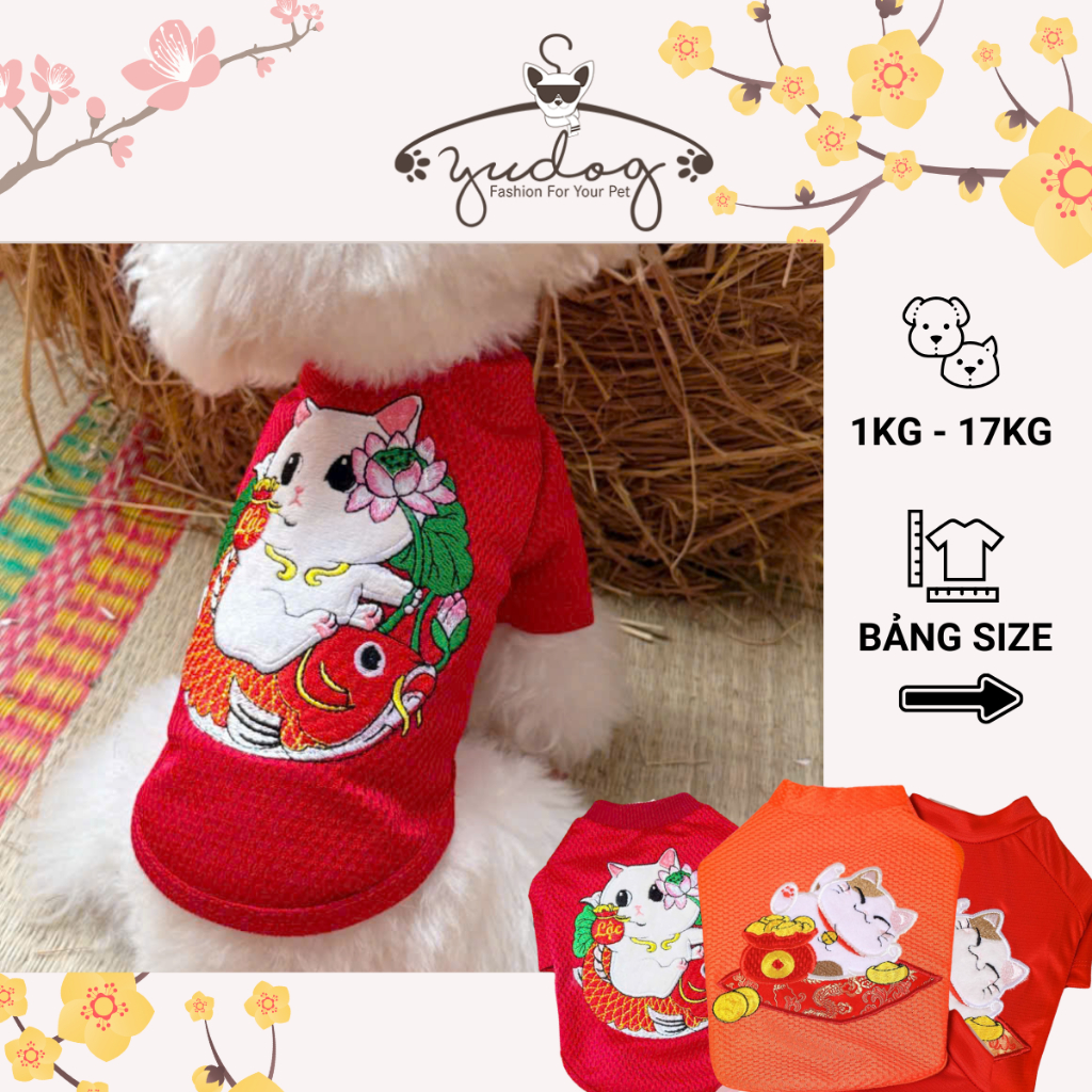 Áo thun thêu mèo thần tài cho chó mèo yudog áo đồ tết chó mèo