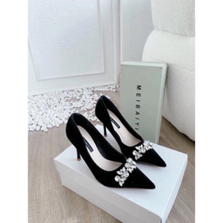   HÀNG CHUẨN QUẢNG CHÂU   Giày cao gót mũi nhọn dải hoa đá 7f cao cấp mã 