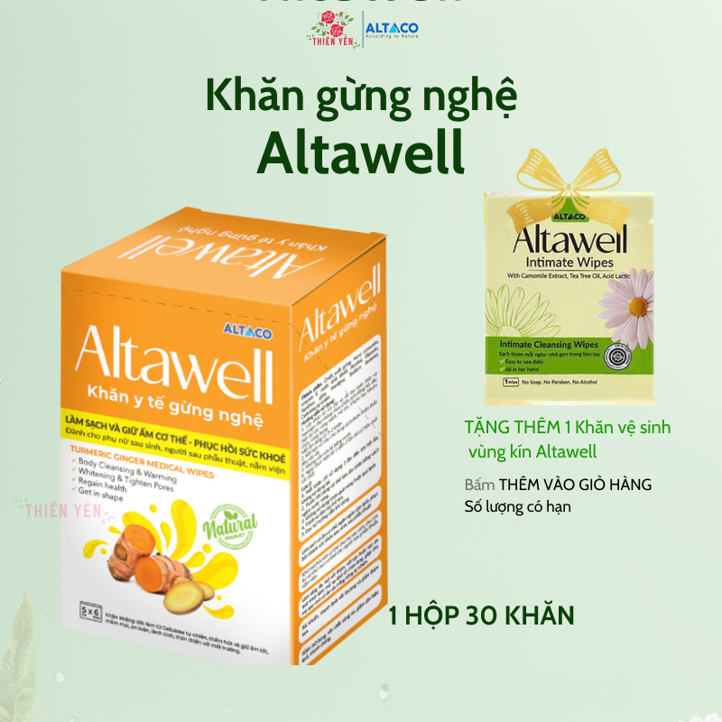 [ Khăn gừng nghệ Altawell 1 hộp 30 cái ] khăn y tế gừng nghệ giúp mẹ sau sinh làm sạch làm ấm cơ thể