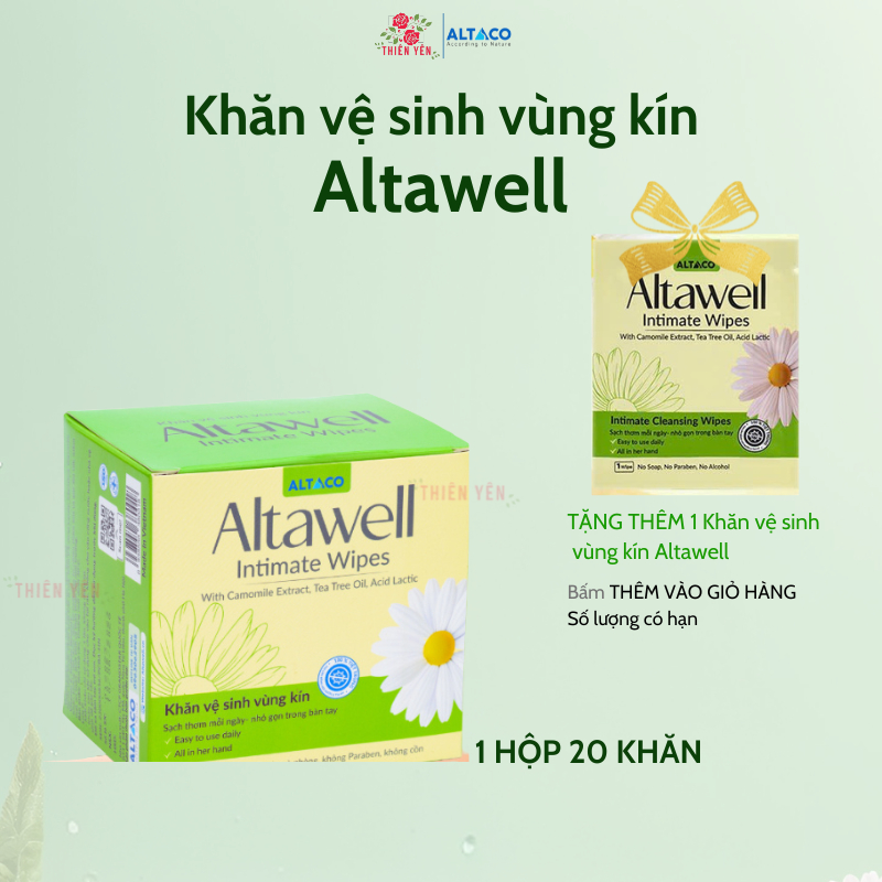 { Altawell Khăn vệ sinh vùng kín Hộp 20 khăn } giúp làm sạch, khử mùi hôi , giảm ngứa rát, nhỏ gọn