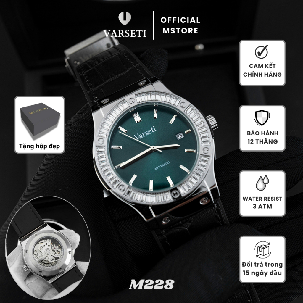 Đồng hồ nam, đồng hồ Cơ, đồng hồ Varseti dây da đen dập vân, mặt xanh rêu sunburst, viền đá baguette