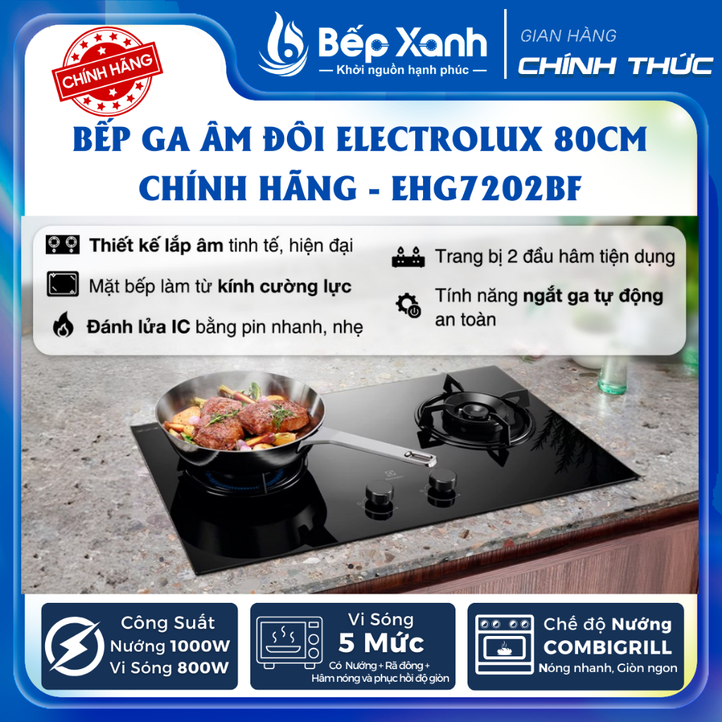 Bếp Ga Âm Đôi Electrolux 80cm Chính Hãng - EHG7202BF - Đánh Lửa IC - Thiết kế đẹp, hiện đại, nấu nha