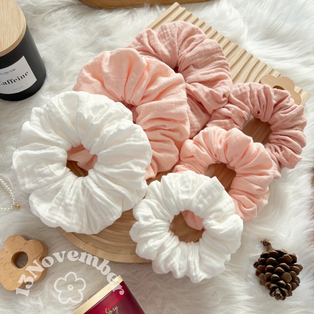 [SIÊU TO] Scrunchies Cột Tóc Vải Xô Muslin Tone Hồng Baby Phồng To Xinh Xắn