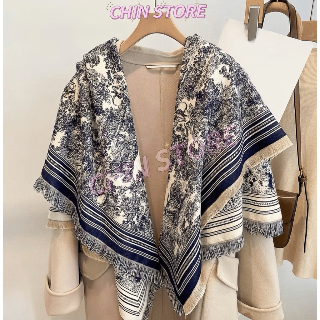 Khăn Choàng Cổ Nữ, Khăn Len Choàng Cổ Nữ Dày Cỡ Lớn, Khăn Choàng Tranh Phong Cảnh Hoa Văn