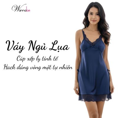 Váy ngủ lụa nữ cao cấp WANNABE thiết kế xếp ly phối ren tinh tế, chất liệu lụa satin thoáng mát