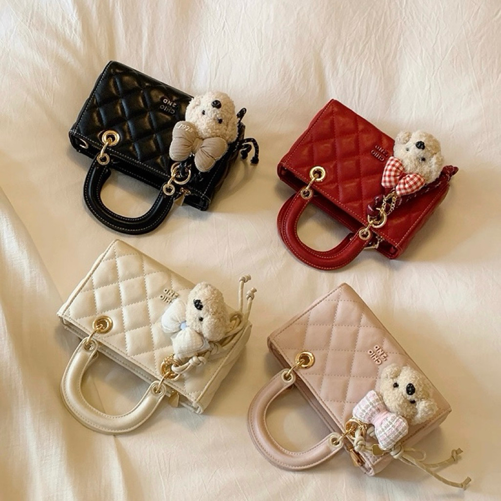 [HS202#] - Túi hộp vuông ô trám 2 quai kèm charm cún nơ | Túi đeo chéo nữ phong cách nhẹ nhàng vibe 