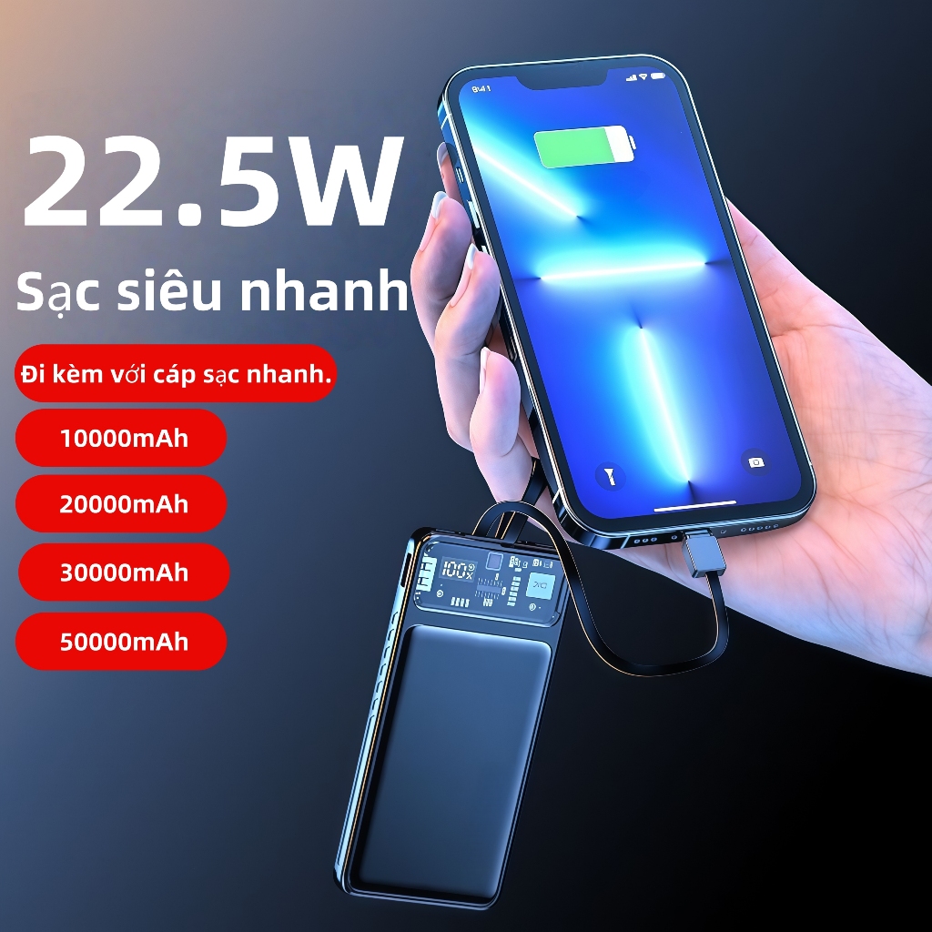 Sạc dự phòng 10000-50000mah Power Bank, 22.5W Fast Charging, Comes with Charging Cable for Many Phon