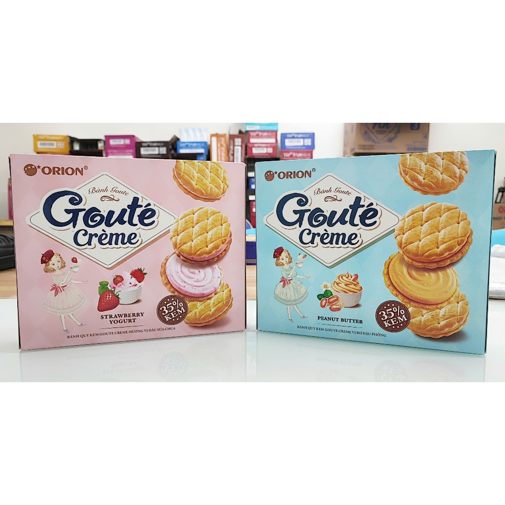 Bánh quy kem Orion Goute Creme vị Dâu sữa chua và vị Bơ đậu phộng (320G, 16 gói)
