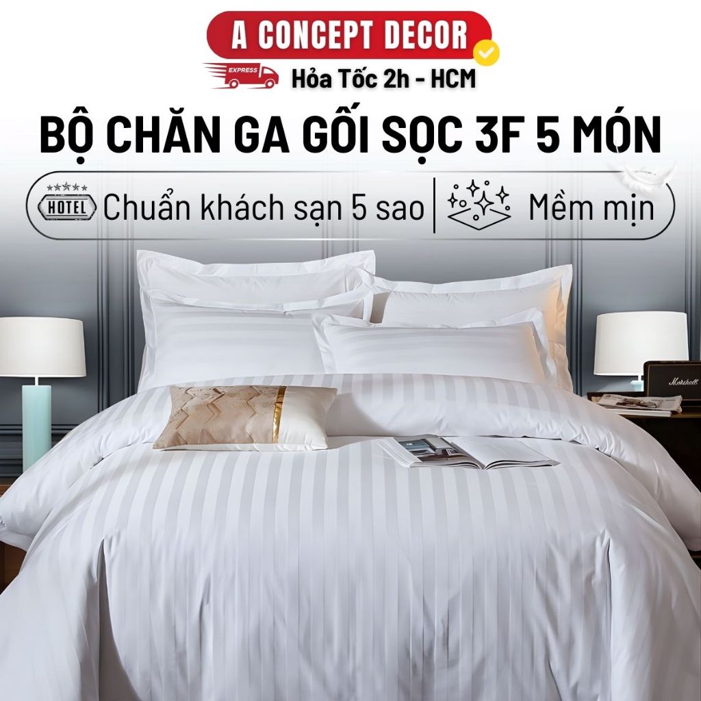 Bộ Vỏ Chăn Ga Gối 5 Món Cotton Lụa 3F A Concept Decor Sọc 3 Phân Cao Cấp Vỏ Thoáng Mát Sang Trọng Ch