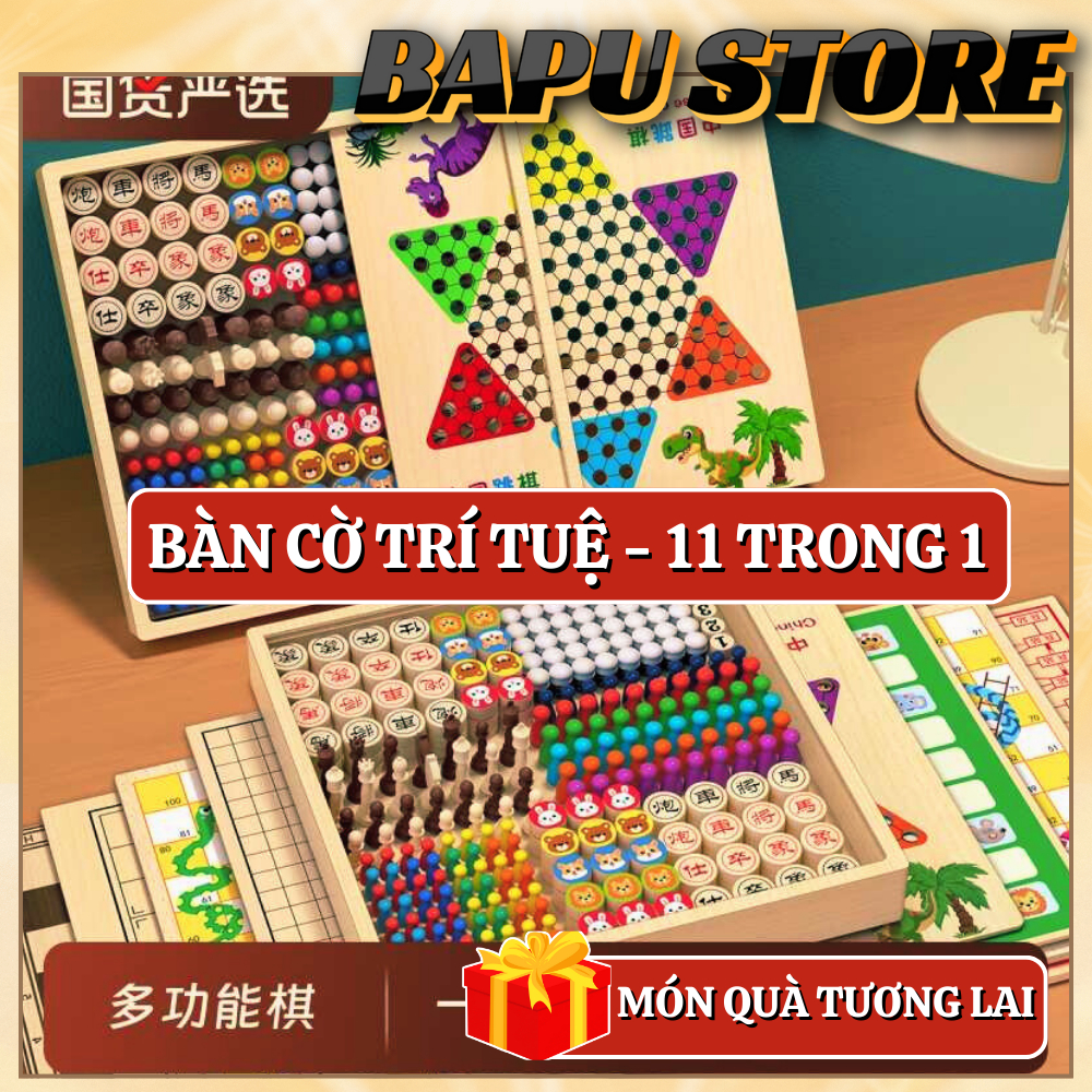 Bộ cờ đa năng 11 trong 1 gồm cờ tướng cờ vua cờ vây cờ cá nhảy bàn gỗ thông cho bé QC Store Bapu sto