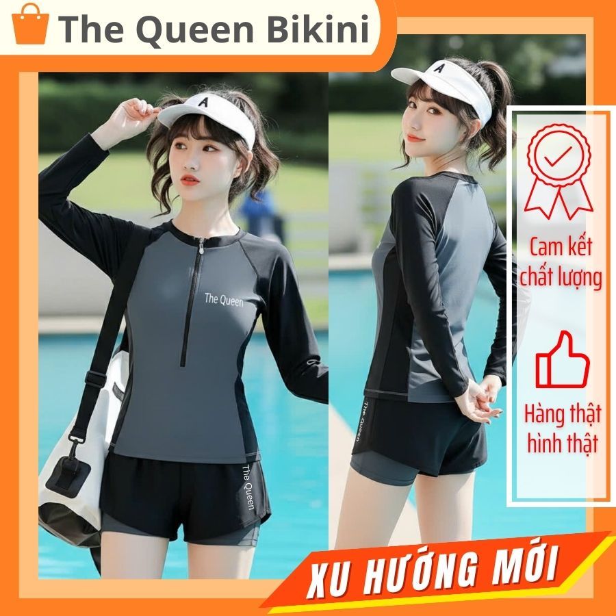 [Size S - 2XL] Đồ bơi nữ bikini kín đáo đi biển áo khóa kéo dài tay đen phối xám quần 2 lớp The Queen 062