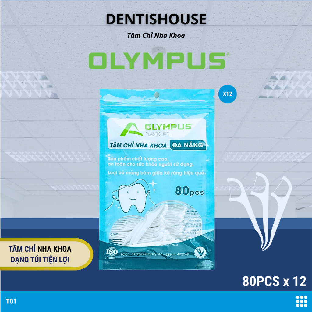 [ DENTISHOUSE ] Tăm Chỉ Nha Khoa OLYMPUS Dạng Túi 80Pcs - Tăm Chỉ Nha Khoa VIỆT NAM Chính Hãng