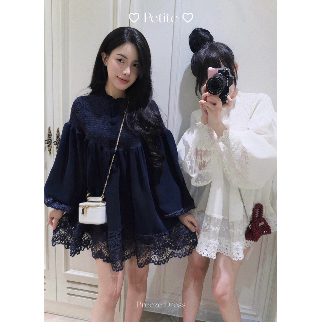 NY PETITE - Breeze Dress, váy babydoll thô tay phồng phối ren freesize 2 màu ( bản ren mới)