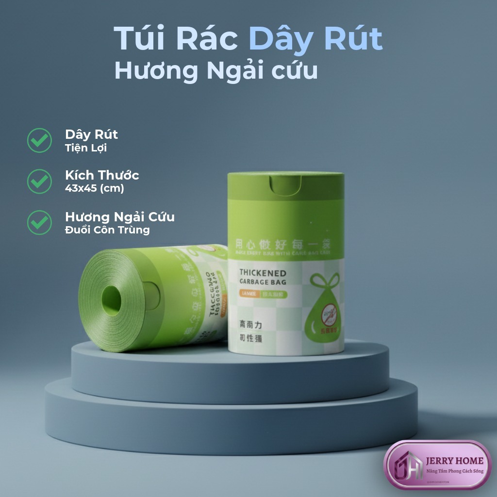 Túi Rác Rút Dây Hương Ngải Cứu – Ngăn Mùi, Chống Côn Trùng, Tiện Dụng 50 – 1 cuộn 50 túi Jerry Home