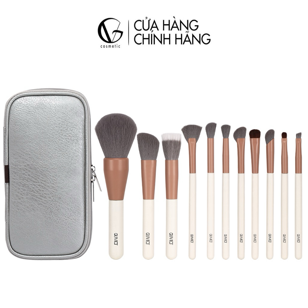 Bộ cọ trang điểm cá nhân GUVIET gồm 11 cọ thân màu trắng lông màu xám kèm theo túi da đựng đựng cọ