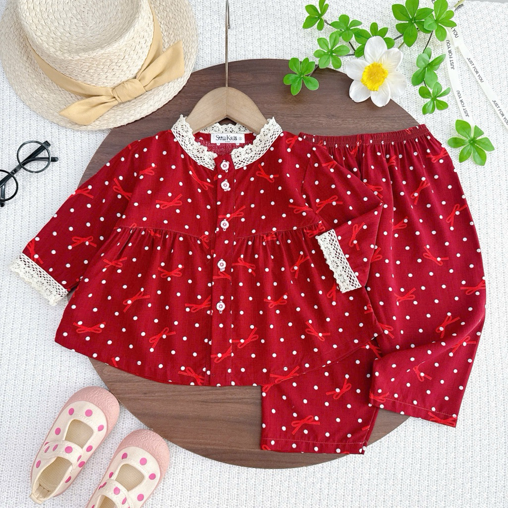 Bộ đồ tole tay dài quần dài bé gái áo bayby doll viền ren size từ 9-42kg(4-M)