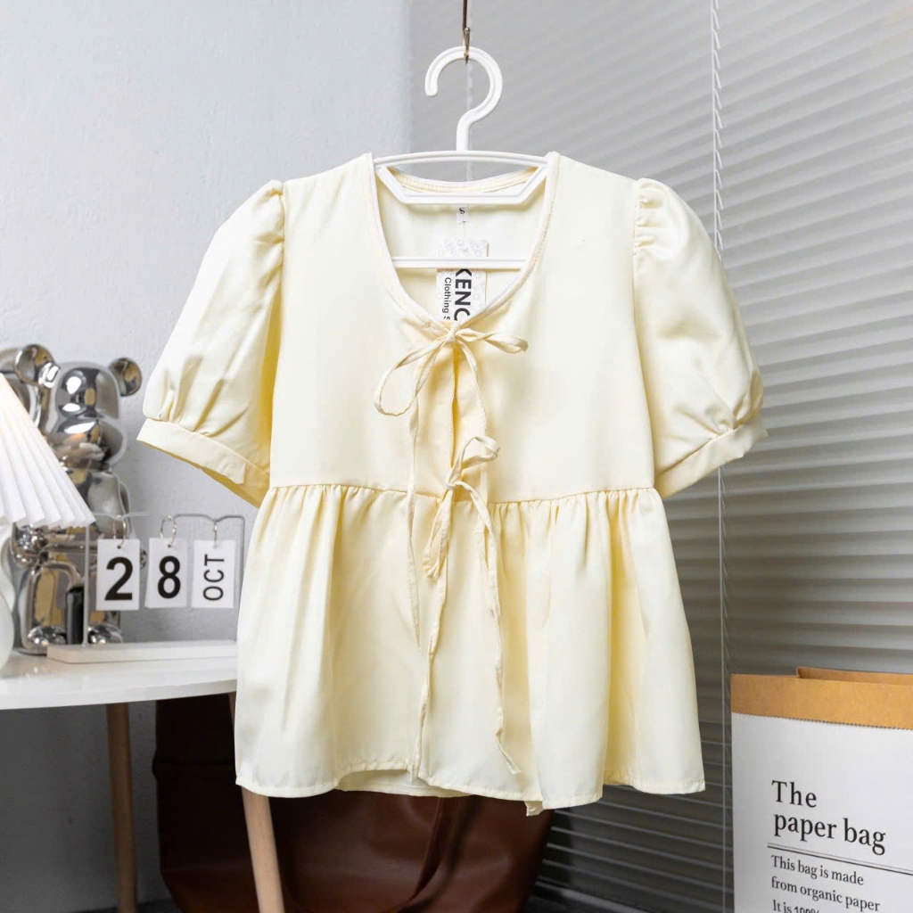 Áo sơ mi nữ babydoll màu vàng kem phối dây thắt nơ tay dáng bồng thời trang mùa hè