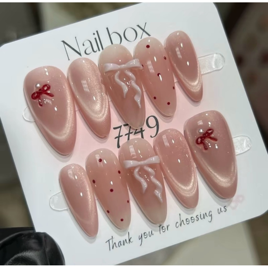 móng giả thiết kế mắt mèo hồng đính nơ fom bầu mã [L33] dễ dùng tặng kèm keo dũa