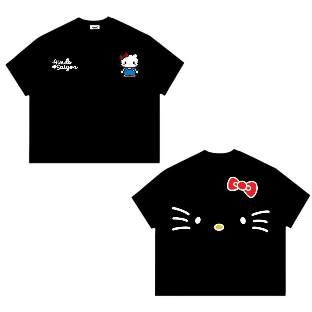 Áo thun chất cotton khô 3158 form rộng tay lỡ - Kitty habo + ria mèo sau lưng