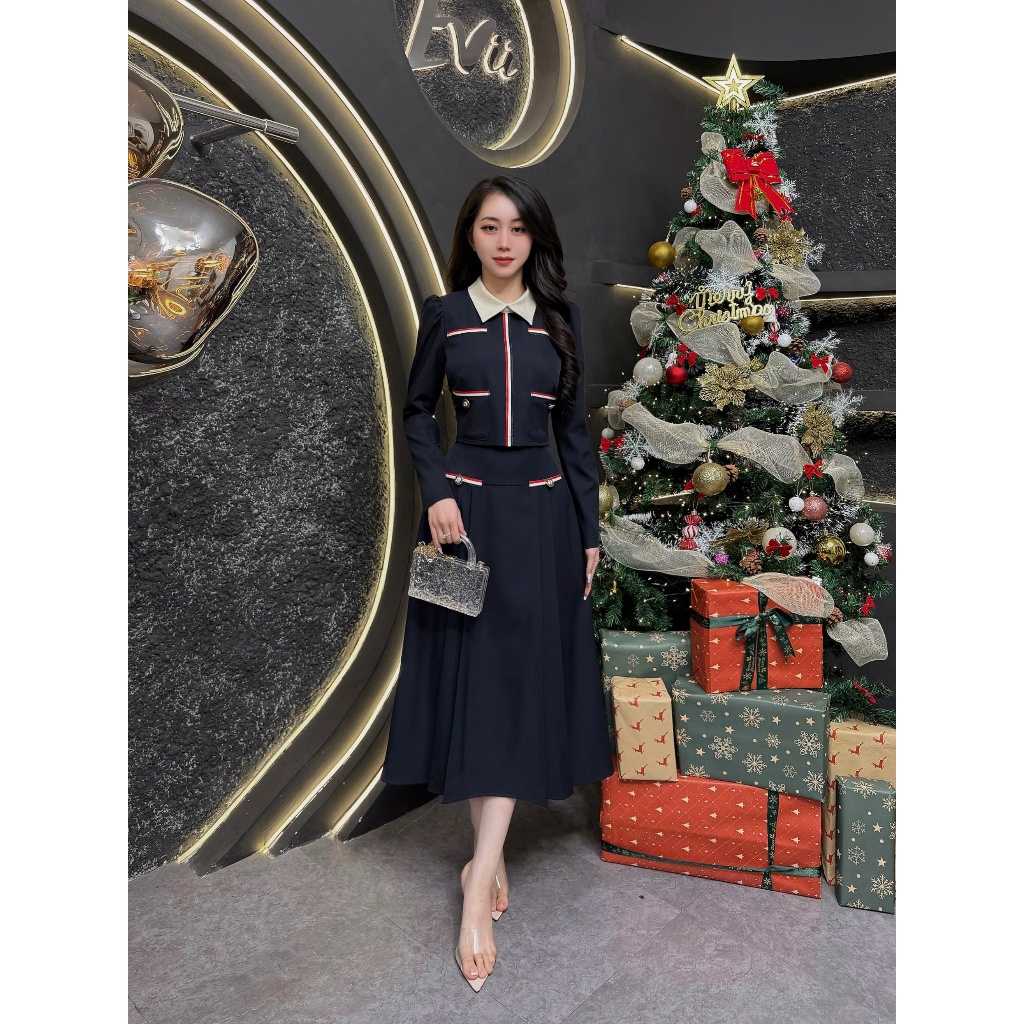 VK62 - Váy Thiết Kế Evii dành cho nữ, Đầm thiết kế liền thân cổ bẻ phối viền tạo điểm nhấn, dáng A x