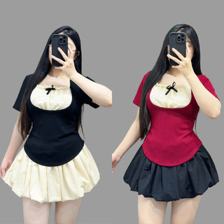  Set bigsize nư áo thun tay ngắn ruby phối ren kèm chân váy bí lụa xòe thời trang xinh xắn SET948 