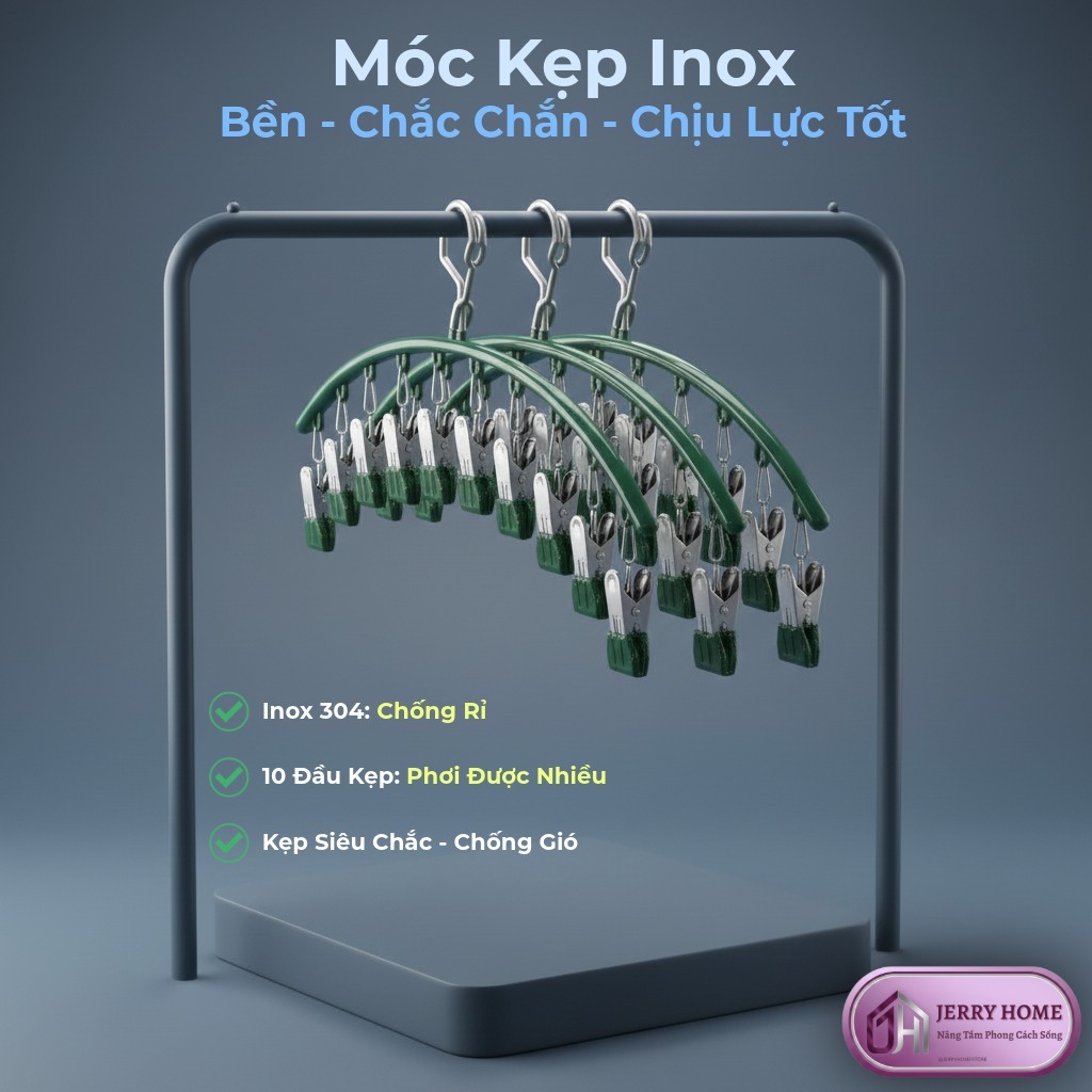 Combo 5 Móc Phơi Đồ Kẹp Inox 10 Đầu – Móc Phơi Tất, Khăn, Đồ Lót Tiện Dụng Jerry Home