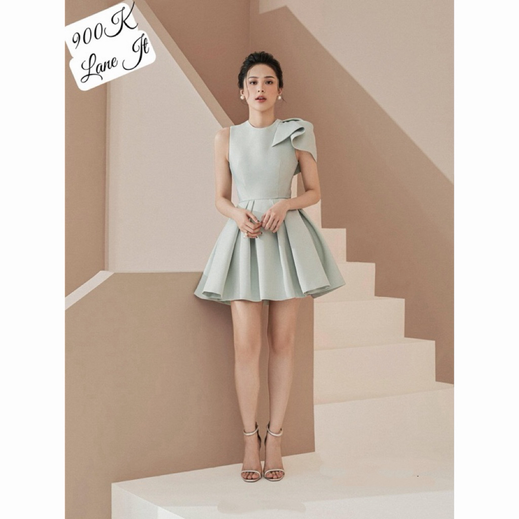 Váy S-M Lane Jt Sana Halfbow mini dress xanh Chính hãng 100% 1850