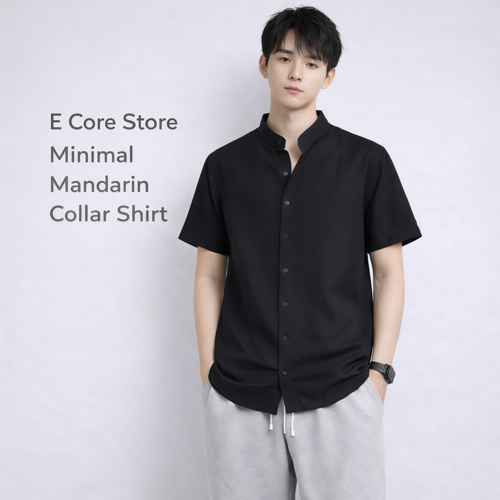 (Có Bigsize) Áo Sơ Mi Nam Cổ Tàu Tay Ngắn Áo Cotton Thô Hàn Trẻ Trung Form Cơ Bản Dễ Phối Đồ Ecore S