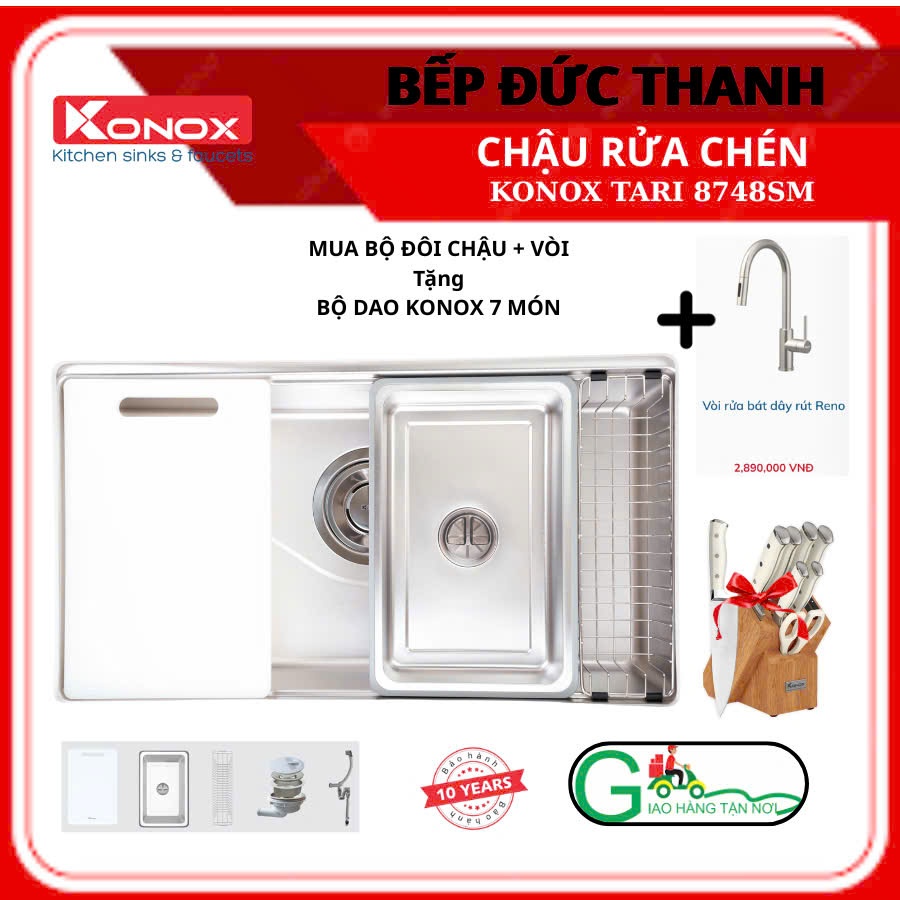 Chậu Rửa Chén KONOX TARI 8748SM, Tặng Bộ Dao Konox Khi Mua Cùng Vòi, Đầy Đủ Phụ Kiện