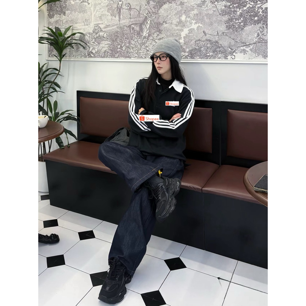 Áo swearter đen sọc tay nam nữ, áo thun tay dài đen nỉ chân cua