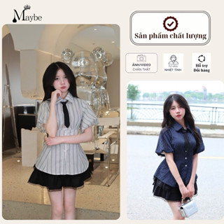  Áo Sơ Mi Kẻ Sọc tay Bồng Chiết Eo Tôn Dáng tặng kèm dây nơ   Có Bigsize    Sơ Mi Quỳnh   