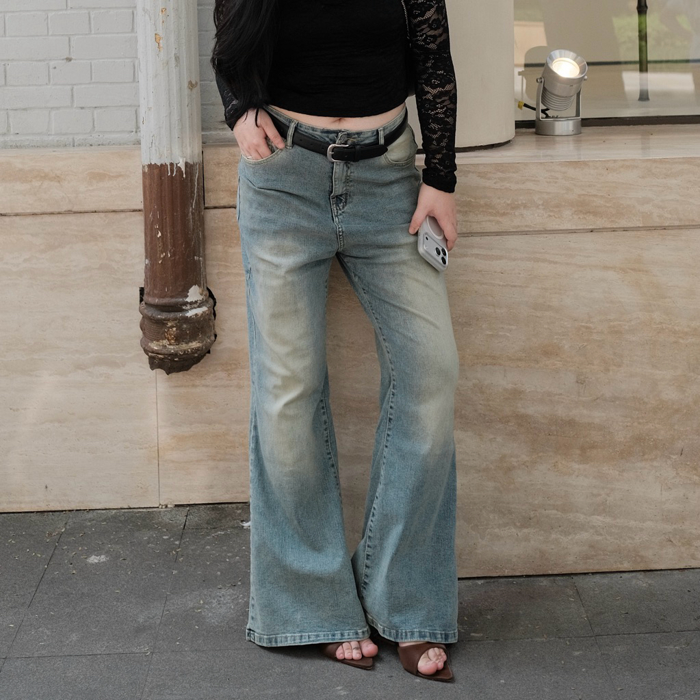 LASSIE BIGSIZE | 70-100kg Quần jeans dài ống suông loe retro co giãn - Bigsize