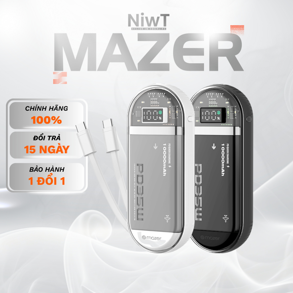 Pin Sạc Dự Phòng Mazer PowerCharge Link 1035 PD35W 10000mAh Sạc Nhanh 35W, Tích Hợp 02 Dây Type C
