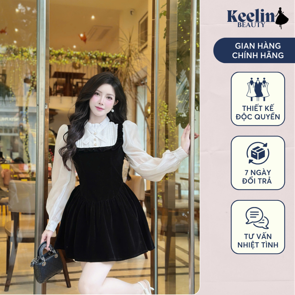 Đầm nhung thiết kế tay dài sơ mi cô tàu tiểu thư cho nữ KEELIN BEAUTY n361