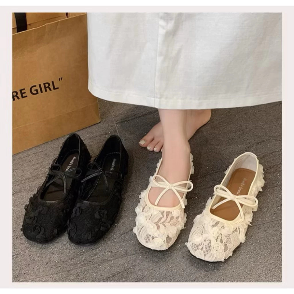 [Peinn] Giày búp bê nữ đế bệt chất ren hoa hồng thắt nơ phong cách lolita trẻ trung cá tính mã qv4