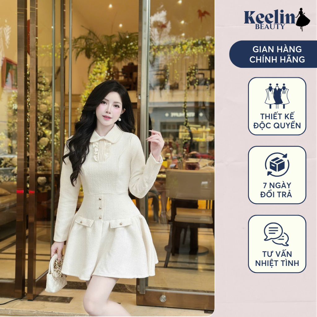 Đầm dạ Tweed cổ sen tiểu thư dáng xoè nhẹ nhàng