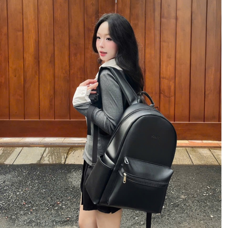 Balo Da MOONER đen sang trọng, đựng vừa Laptop 16 inch, balo đi học cho nam nữ unisex chống nước, kích thước 40x30x12