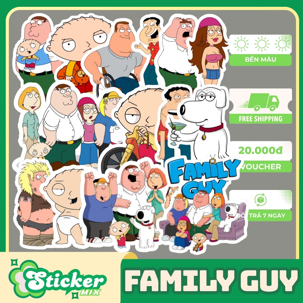 Bộ 50 sticker FAMILY GUY hoạt hình chống nước tranh trí ốp lưng, nón bảo hiểm,...s409