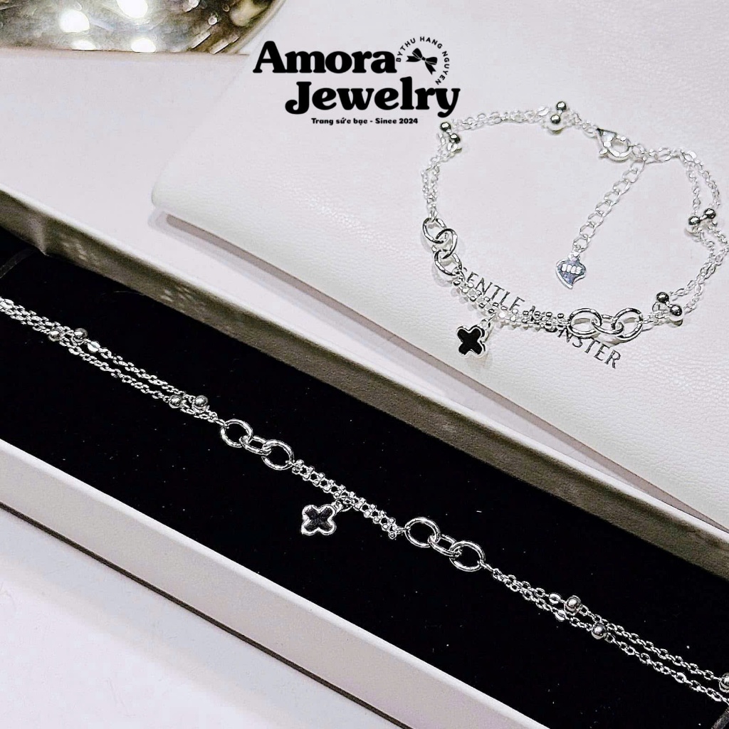 Lắc tay nữ cỏ 4 lá AMORA bạc S925 thiết kế mix charm rơi AMORA JEWELRY CL485