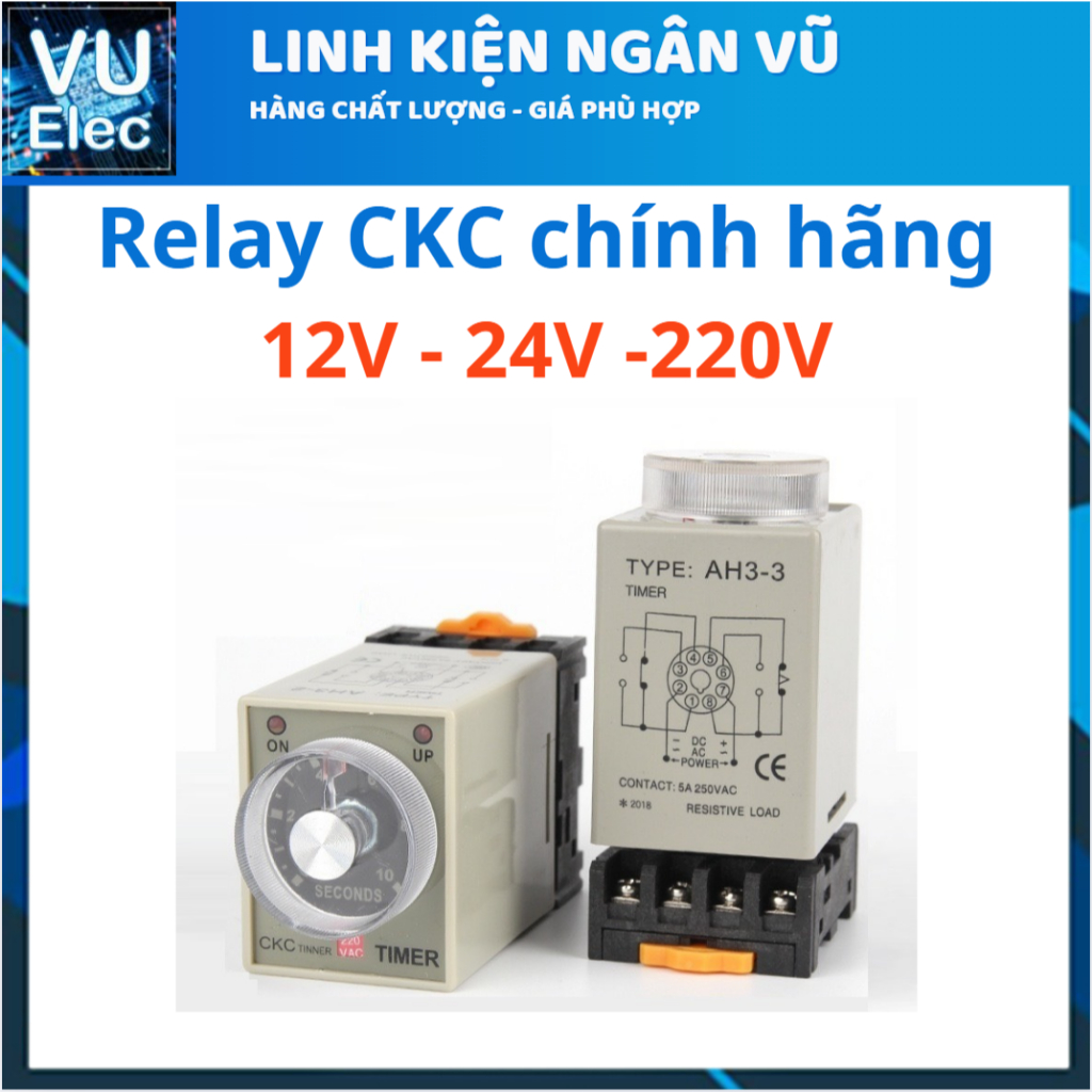 Relay thời gian CKC AH3-3 Tặng kèm đế - Điện áp 12V, 24V, 220V - Rơ le timer 1 giây đến 24 giờ, role