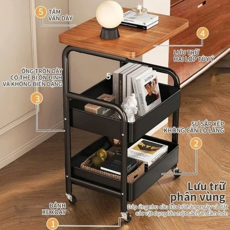 KỆ 3 TẦNG CÓ BÁNH XE (chắc chắn) bằng kim loại, mặt bàn gỗ MDF- decor phòng khác, phòng ngủ,