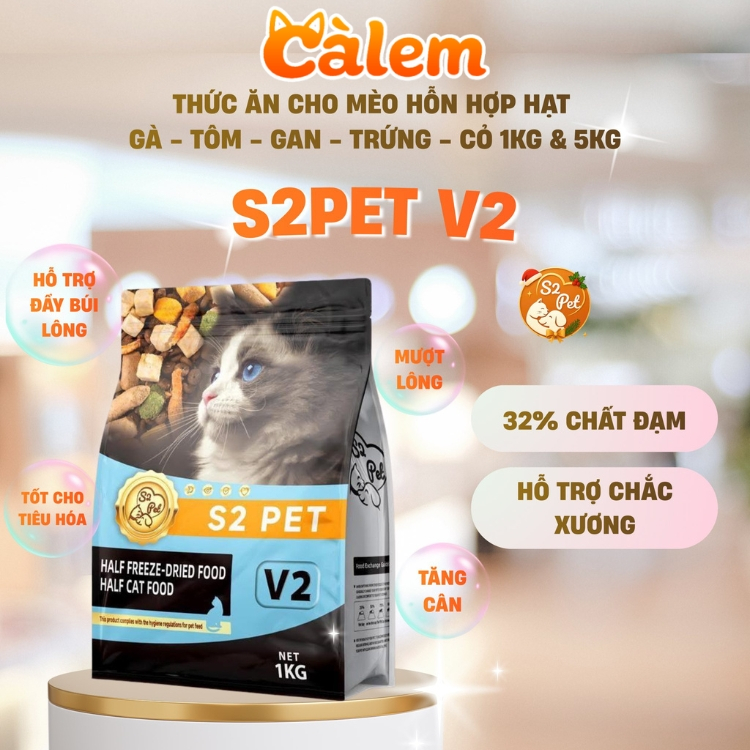 Hạt khô thức ăn cho mèo S2PET V2 1kg 5kg mix topping thịt sấy - Cà Lem Pet Shop