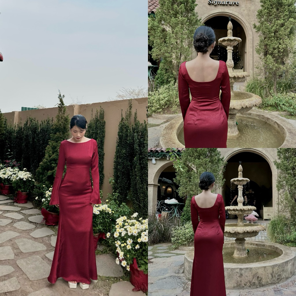 Đầm lụa dáng dài cổ tròn tay dài lụa vân mây 1 lớp, Váy lụa đi tiệc dáng dài hở lưng sanh chảnh, Đầm