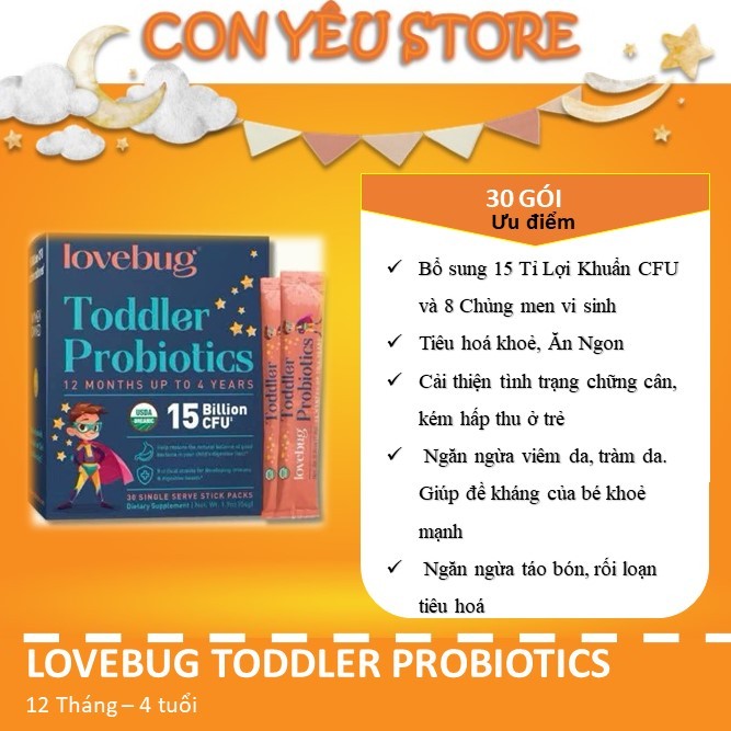 Men vi sinh hữu cơ Lovebug Probiotic hỗ trợ tiêu hóa và tăng cường đề kháng cho bé 1-4 tuổi