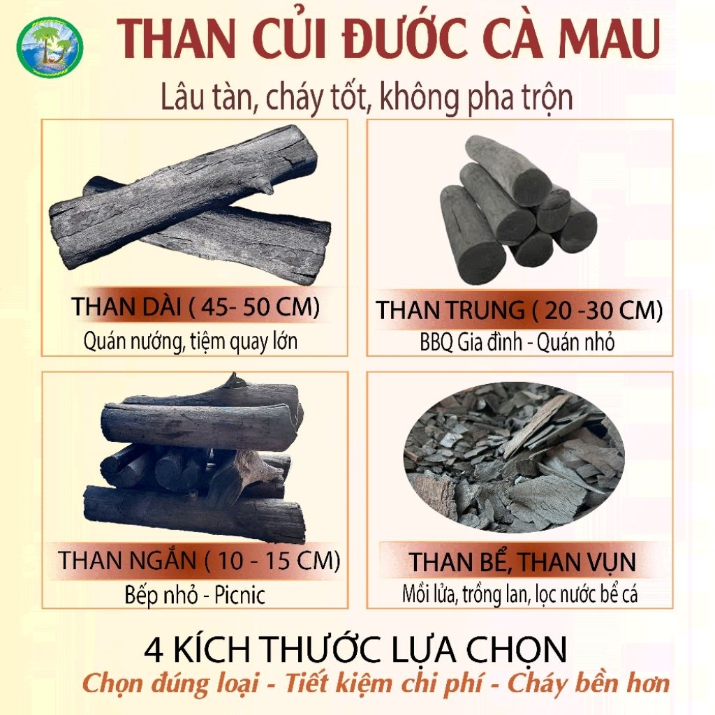 Than Củi Đước Cà Mau Tự Nhiên – Cháy Lâu Ít Khói – Đủ Loại Dài / Trung / Ngắn / Than Vụn