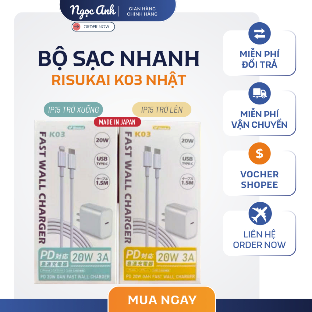 Bộ Sạc Nhanh RISUKAI PD 20W Nội Địa Nhật – Củ Sạc + Cáp 1.5m, Sạc Nhanh An Toàn Cho iPhone 11–15, iP