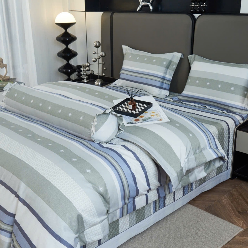 Bộ Chăn Ga Gối Tencel 60s ALyDA Cao Cấp 5 Món – Ga Giường, Kẻ Sọc Hiện Đại, Dùng Quanh Năm